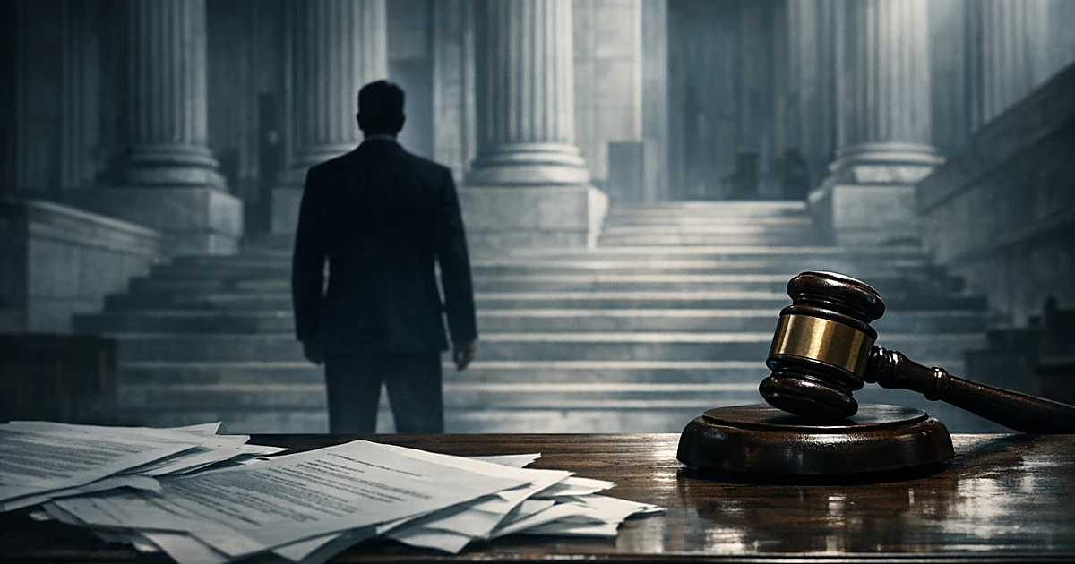Silhouetted figure facing courthouse columns with judge's gavel on bench in foreground amid scattered legal documents