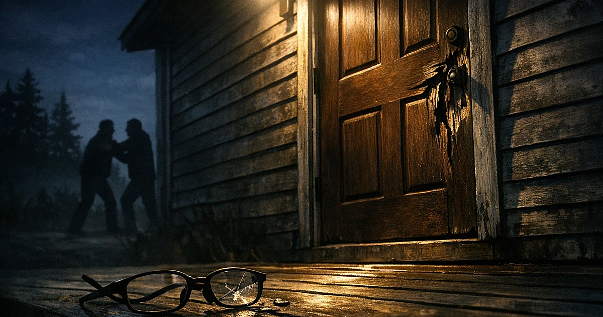 Damaged doorway at night with broken eyeglasses on doorstep, suggesting a violent confrontation in rural Maine