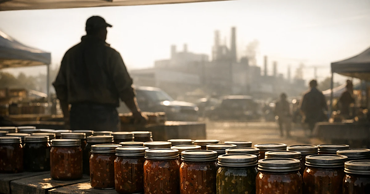 Farmer's market table with salsa jars, silhouetted vendor, and distant automotive factory buildings in background
