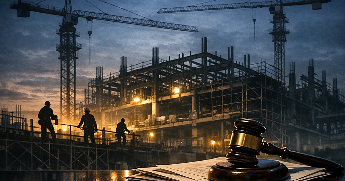 Construction site with steel framework and scaffolding continues as gavel rests on legal documents in foreground