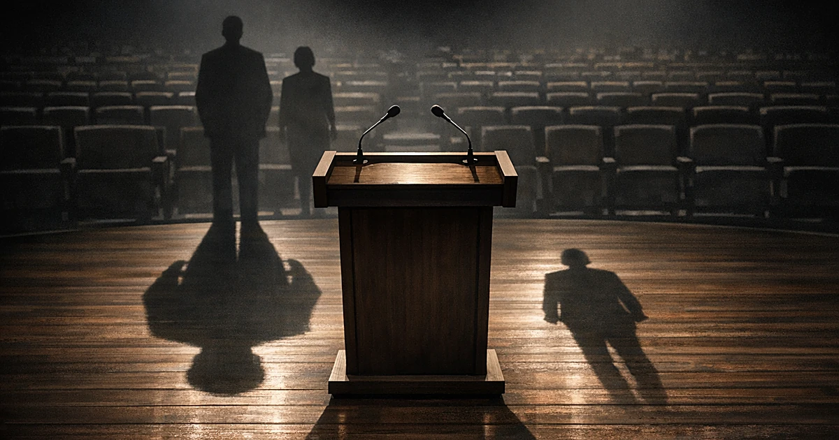 Two unequal shadows cast on debate stage floor, one longer than the other, symbolizing comparative political standing