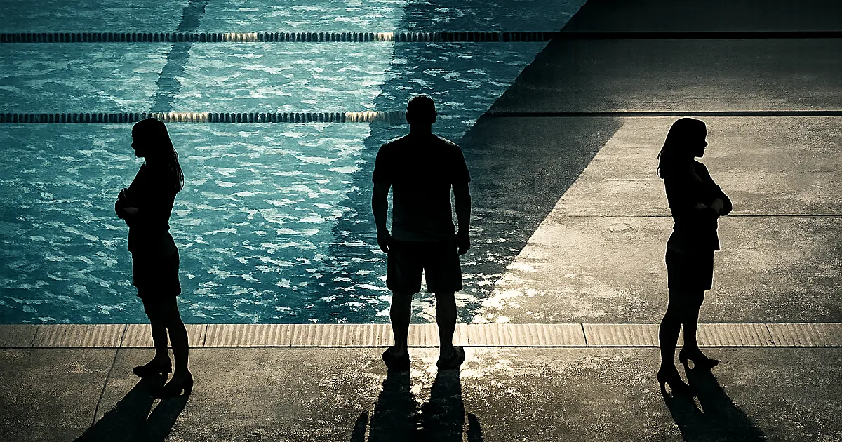 Two female silhouettes on opposite sides of a pool with a male silhouette between them, creating a divided scene