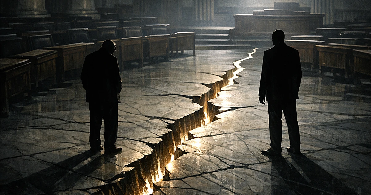 Two silhouettes separated by a widening crack in a legislative chamber floor, symbolizing Democratic division