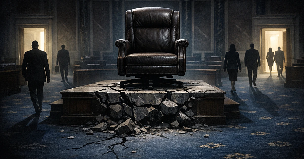 Empty leadership chair on cracking platform as silhouetted figures walk away in Senate chamber