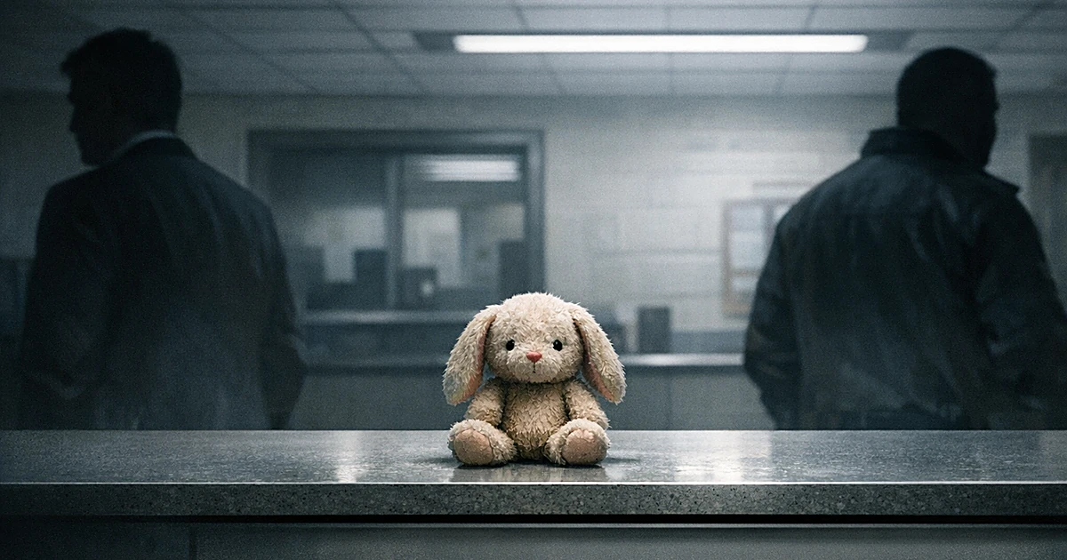A stuffed bunny on a police counter between two silhouetted figures turned away from each other