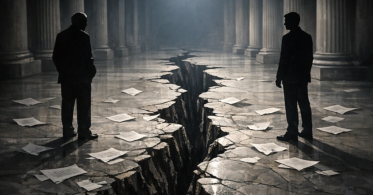 Two silhouetted figures separated by a cracked floor in a government building interior
