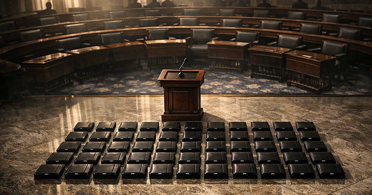 Overhead view of legislative chamber with podium and 74 portfolios arranged in grid on marble floor