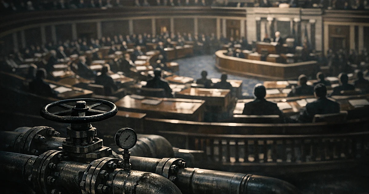 Senate chamber with silhouetted legislators and industrial oil pipelines in foreground representing energy sanctions