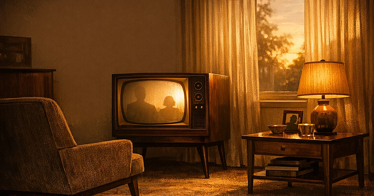 Vintage 1950s television set glowing in a mid-century modern living room with warm lighting and period furniture