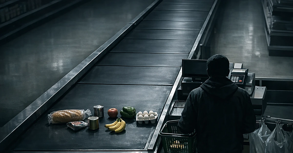 Aerial view of grocery checkout with sparse food items on mostly empty conveyor belt, lone shopper seen from behind