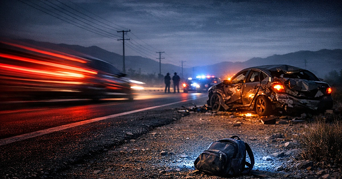 Nighttime highway crash scene with motion-blurred lights, damaged vehicle, and abandoned child's belonging on roadside