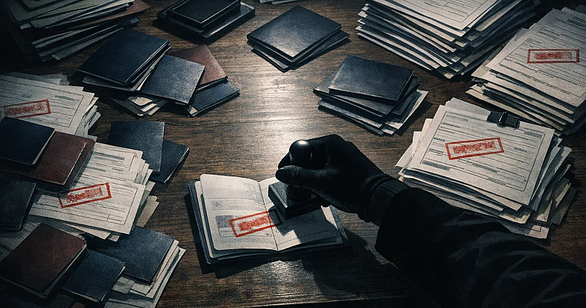 Overhead view of desk with passports, visa documents, and silhouetted hand holding official stamp over open passport