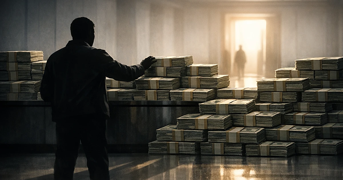 Silhouetted person reaching toward stacks of money blocking access to a lit doorway in institutional setting