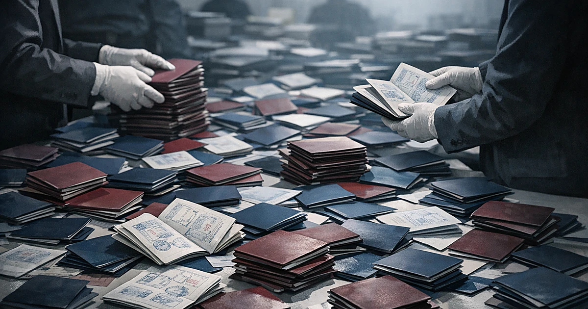 Hundreds of passports and visa documents scattered across a table being sorted by hands in an administrative setting
