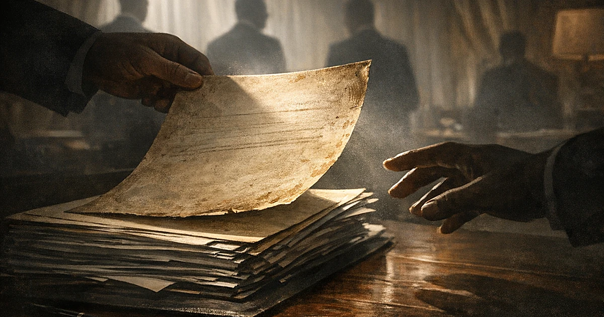 Document being removed from stack on desk with silhouettes of officials in background, symbolizing policy change