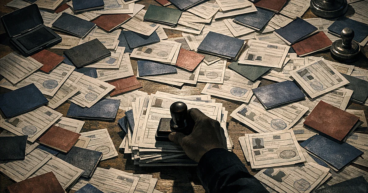 Overhead view of desk covered in scattered passport documents with silhouetted hand holding official stamp