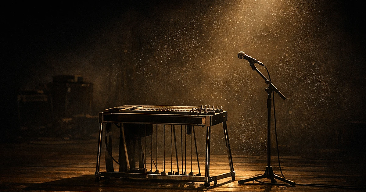 Steel guitar on empty stage under spotlight with microphone stand in darkness