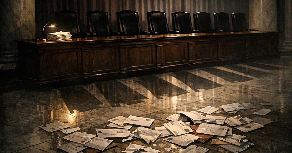 Empty Supreme Court bench with illuminated papers at one seat and scattered ballot envelopes on marble floor below