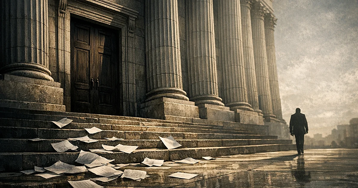 Closed courthouse door with scattered papers on steps, silhouetted figure walking away in shadow