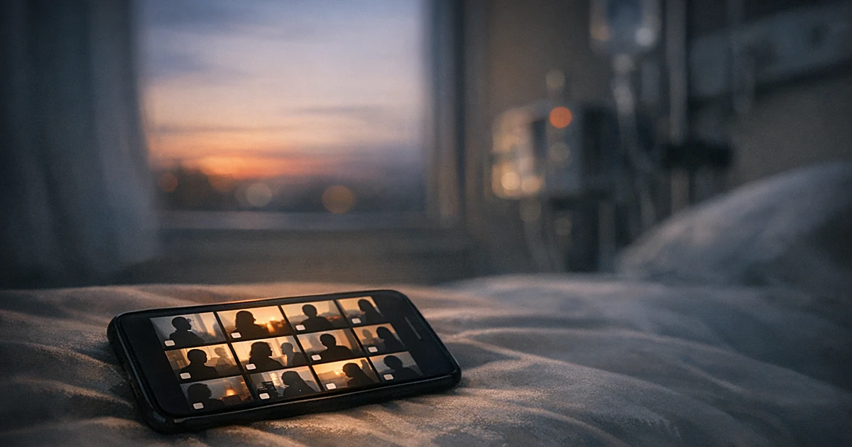 Smartphone displaying video grid on soft surface with hospital room window and evening sky in background