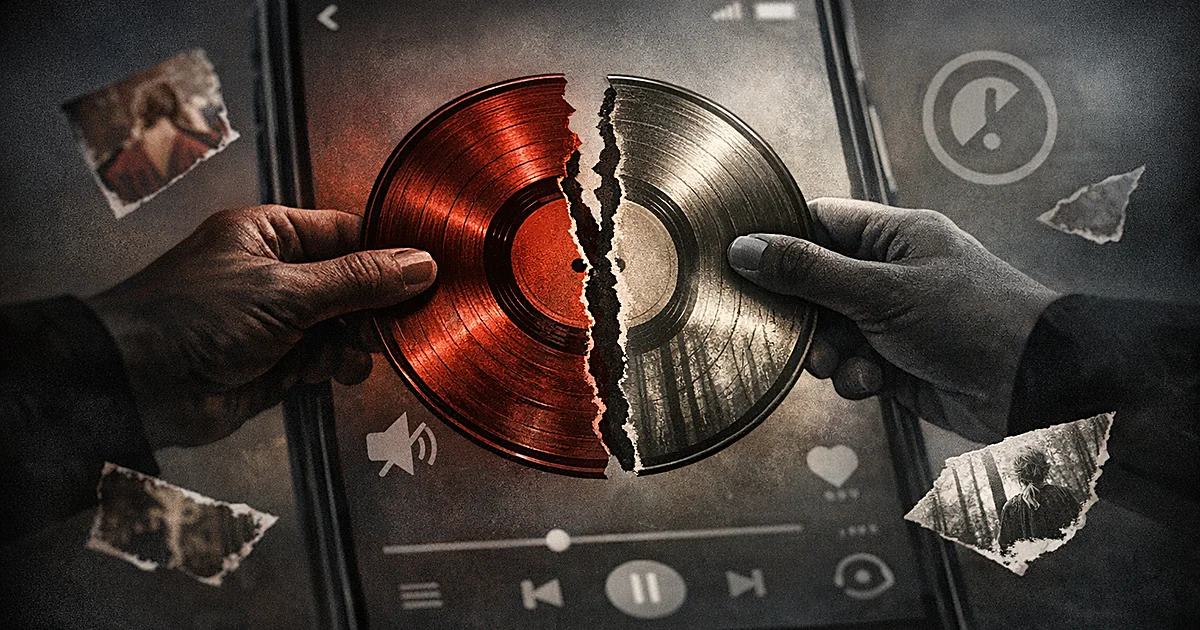 A split vinyl record being pulled apart on a smartphone screen with copyright symbols and muted audio icons in background