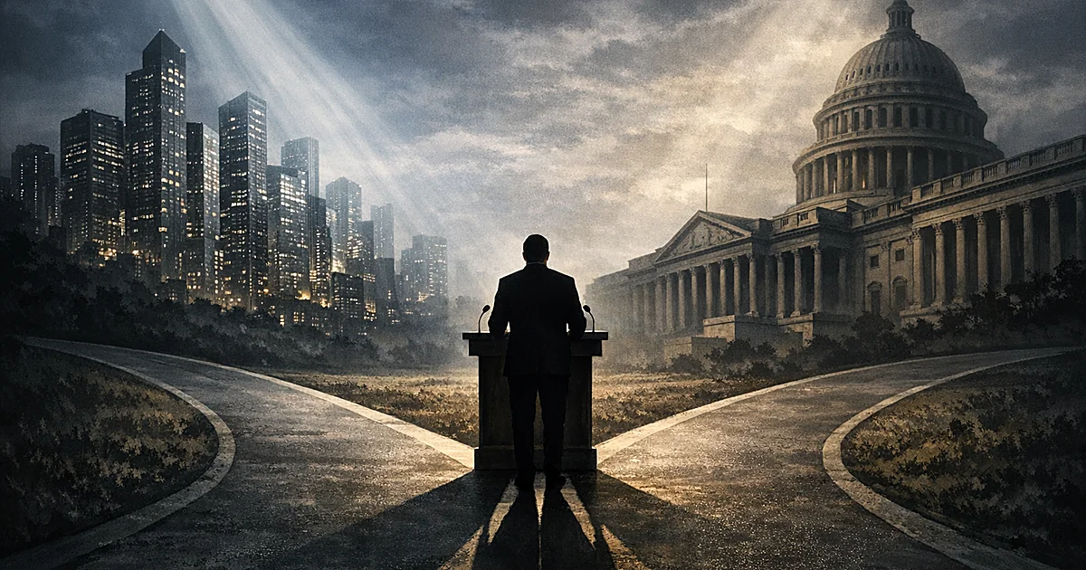 Silhouetted figure at podium facing two diverging paths leading to different architectural settings