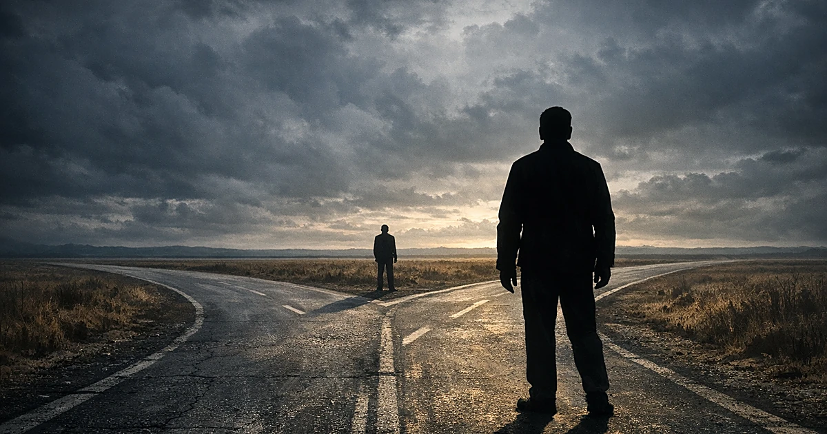 Two silhouetted figures at a forked highway junction under dramatic clouds, representing competing political directions