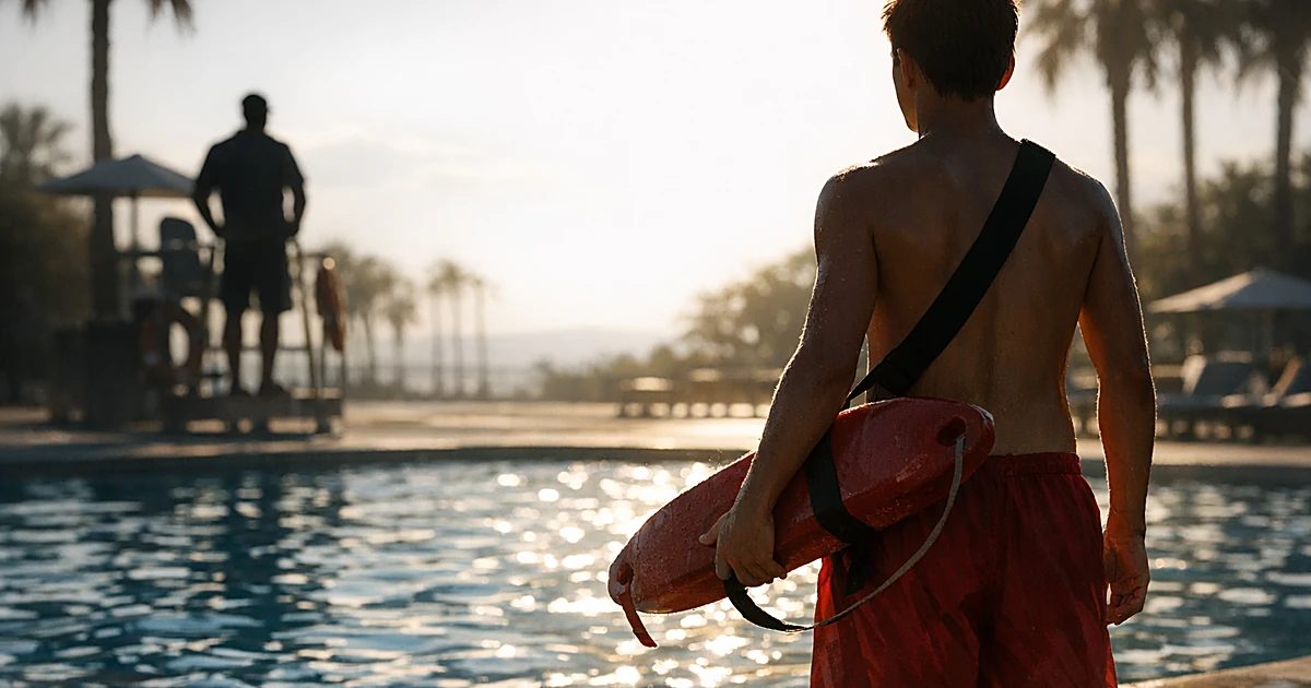 Lifeguard viewed from behind standing at pool edge with rescue equipment, adult silhouette in background