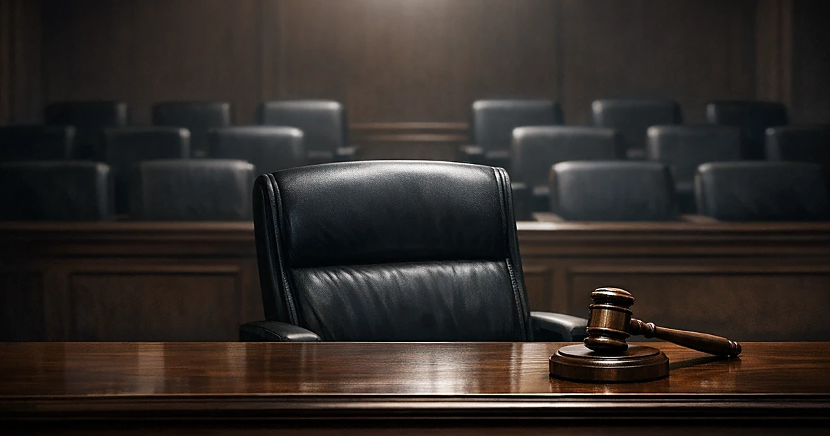 Empty judge's chair and gavel on bench in vacant courtroom with jury seats in background