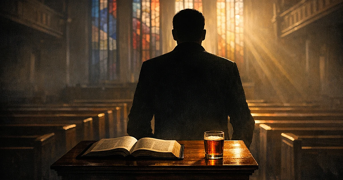 Silhouetted figure at church pulpit with book and glass, stained glass windows casting colored light on empty pews