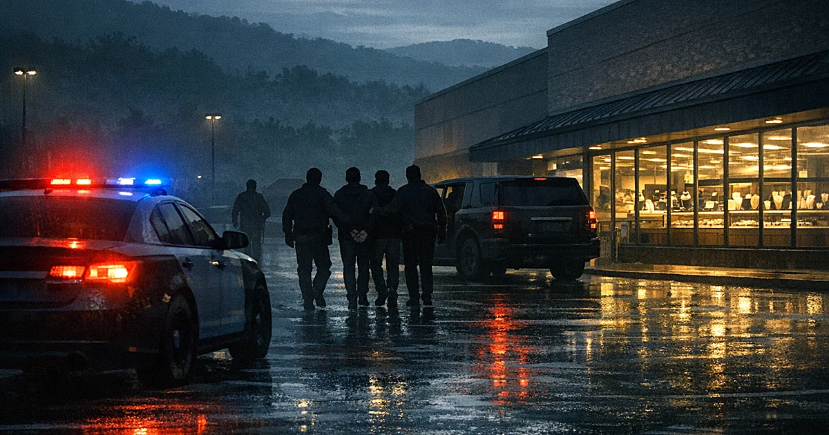 Police lights illuminate a small-town Walmart parking lot with silhouetted figures near store entrance at dusk