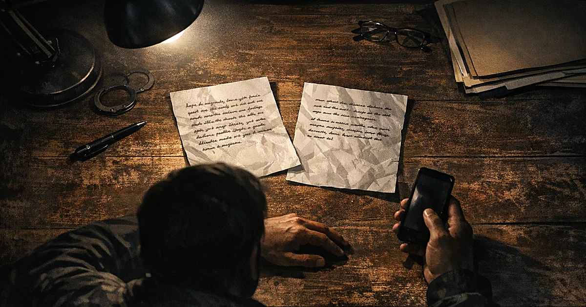 Ransom notes on a sheriff's desk under lamp light with silhouetted hands holding phone nearby