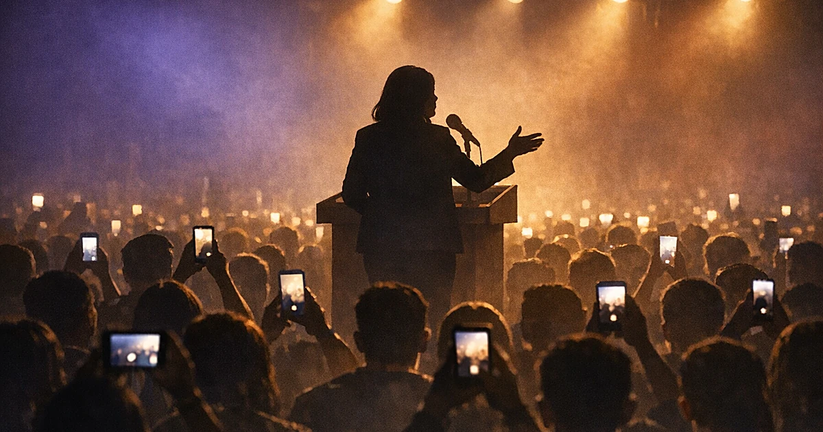 Silhouetted speaker at podium addressing crowd of young people shown from behind in dimly lit venue