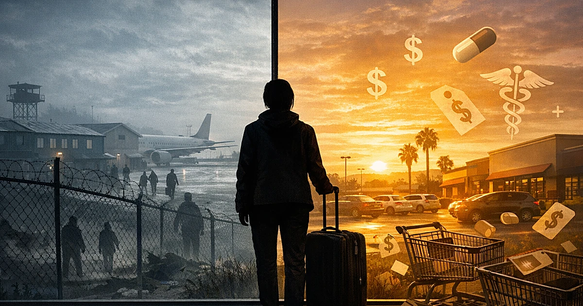 Silhouette at airport window between scenes of institutional buildings and California suburban street with shopping carts