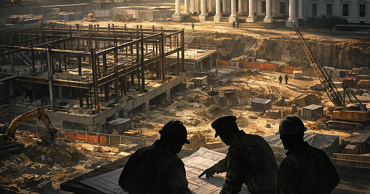 Construction site with partial ballroom structure, silhouetted workers reviewing plans, classical building in background