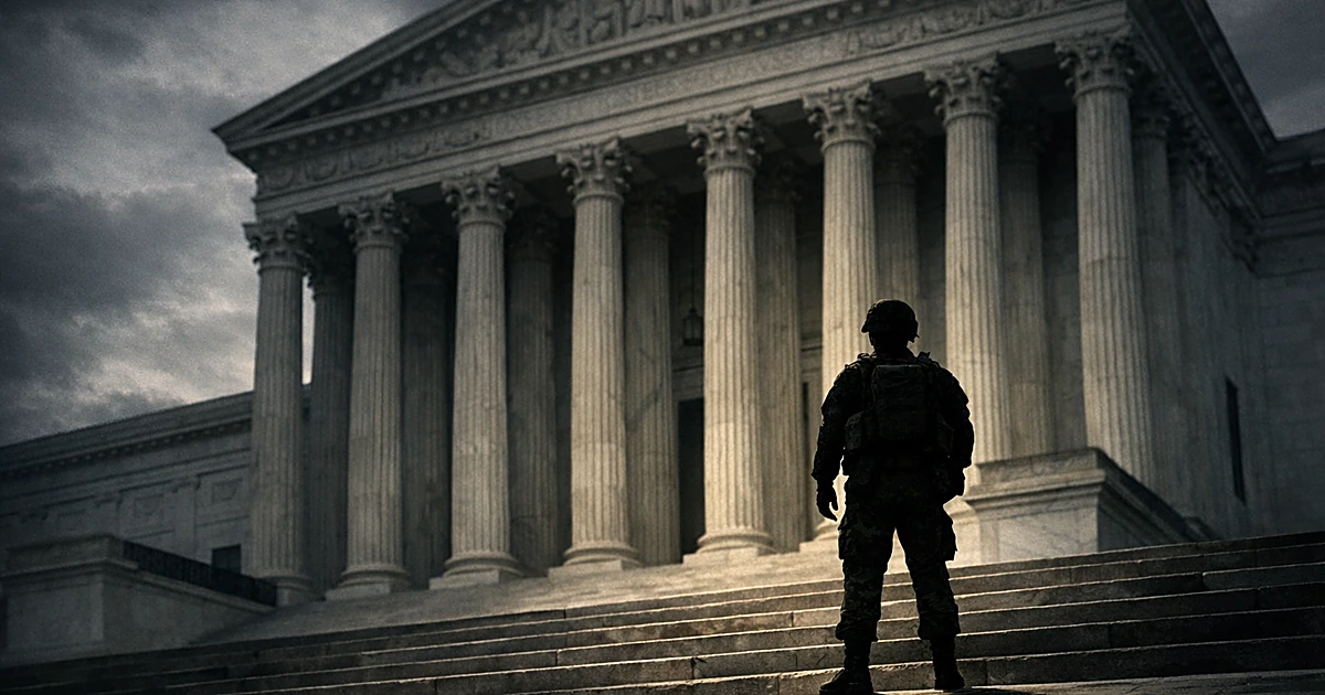 Silhouetted military service member standing before Supreme Court columns in dramatic lighting