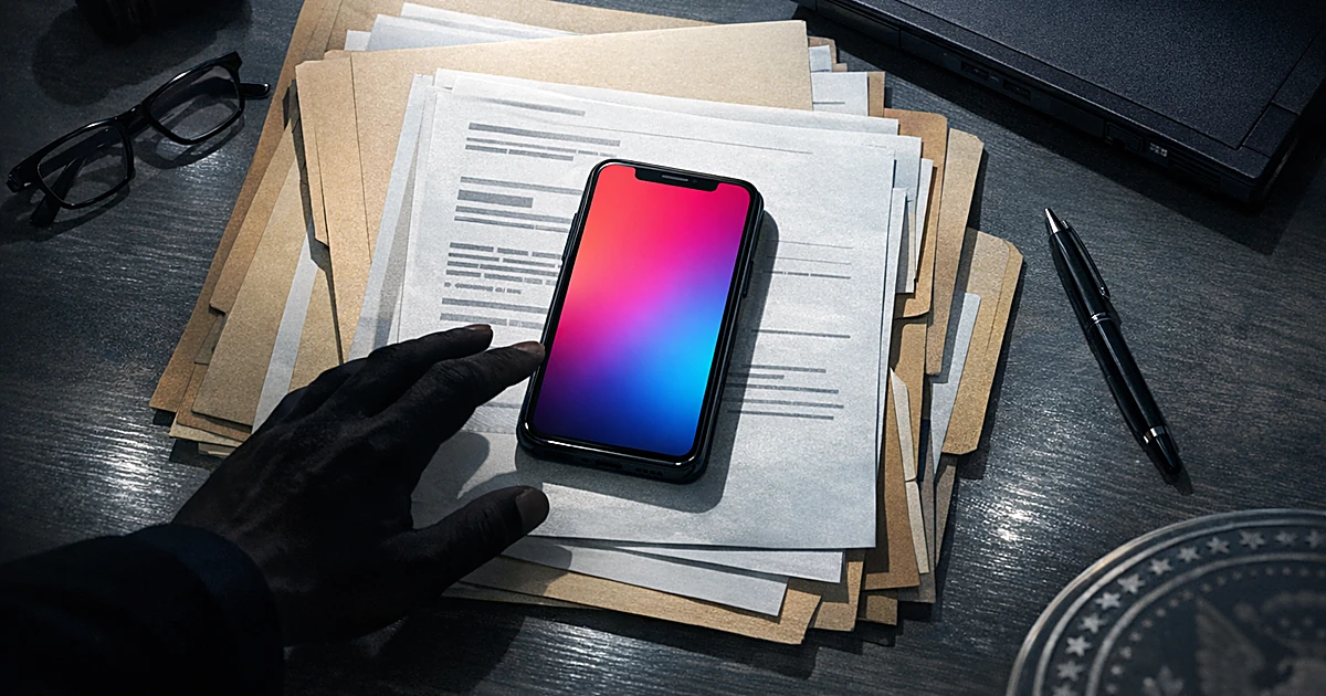 Smartphone with TikTok app on government office desk as silhouetted hand reaches toward it