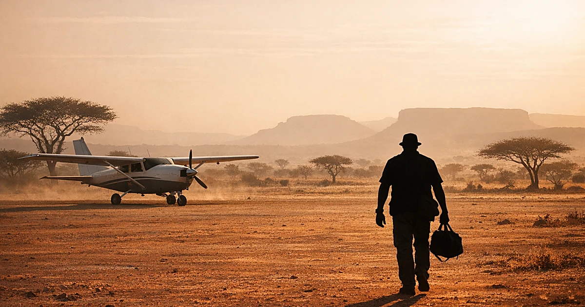 Silhouetted person walking from small aircraft on remote African airstrip at sunset with sparse vegetation
