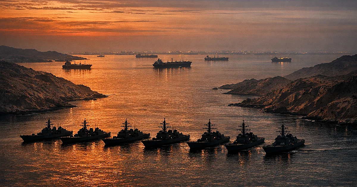 Aerial view of military vessels blocking a narrow strait with oil tankers waiting in the distance at dusk