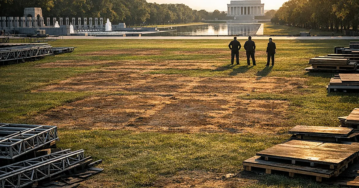 Damaged grass lawn with brown rectangular patches and dismantled stage equipment, silhouetted figures inspecting damage