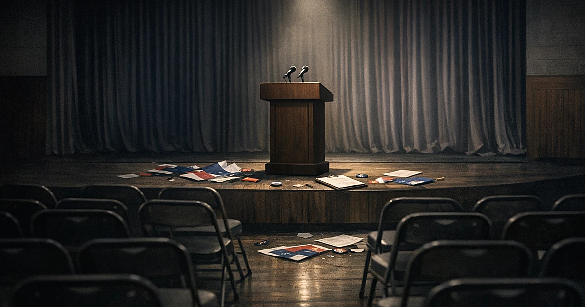 Empty campaign podium on stage with vacant chairs and scattered materials in abandoned community hall