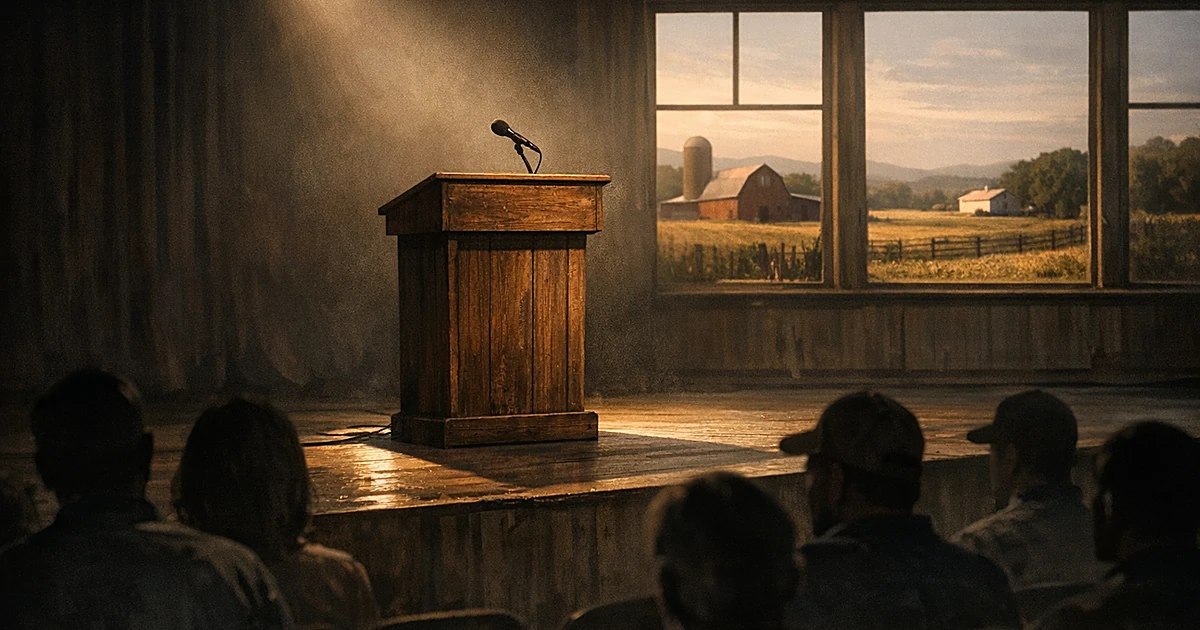 Empty podium on stage with silhouetted audience and Tennessee farmland visible through windows in background