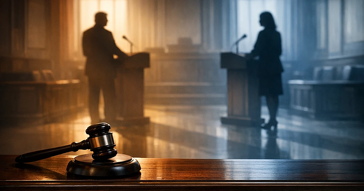 Empty courtroom bench with gavel and two silhouetted figures at opposing podiums in government office interior