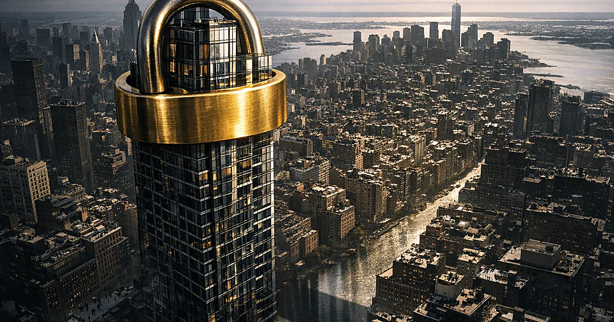 Aerial view of luxury high-rise tower with oversized golden padlock wrapped around upper floors in urban skyline