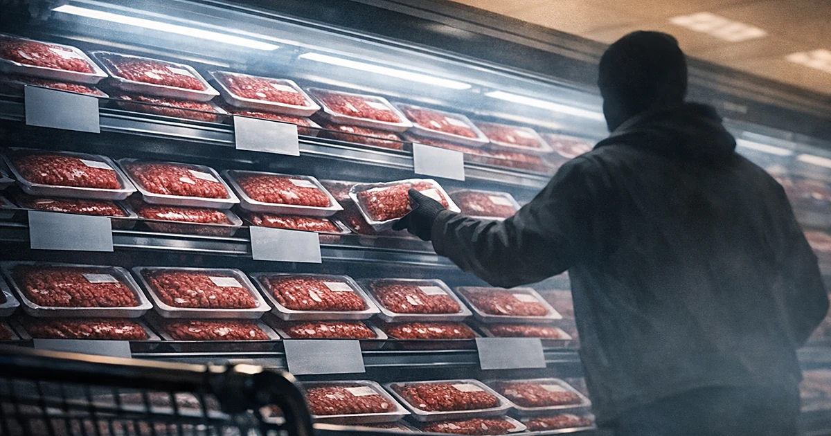 Shopper silhouette reaching for ground beef packages in grocery store refrigerated case with price tags visible