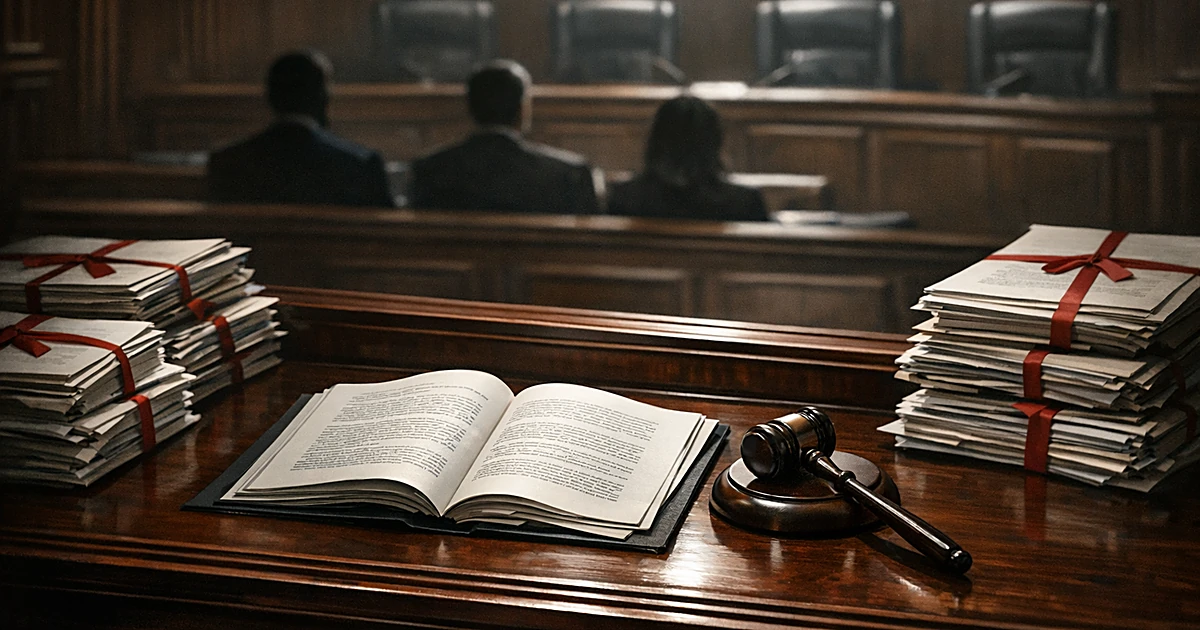 Overhead view of courtroom bench with legal documents, gavel, and brief under harsh lighting in appellate court setting
