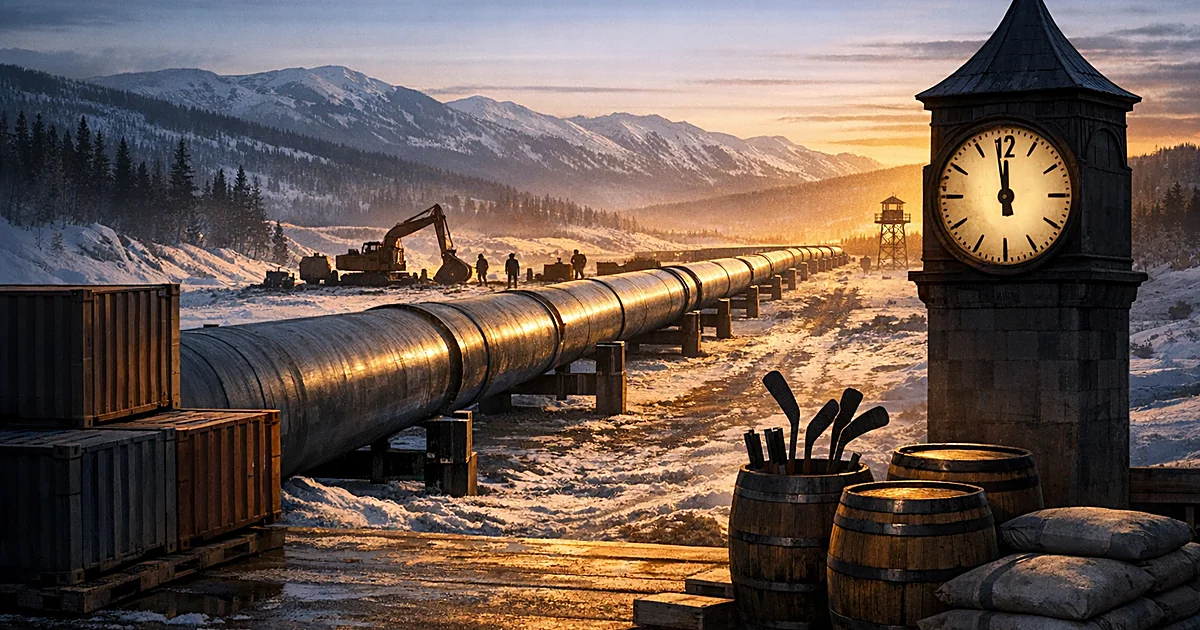 Pipeline construction across snowy border landscape with shipping containers and industrial goods in foreground