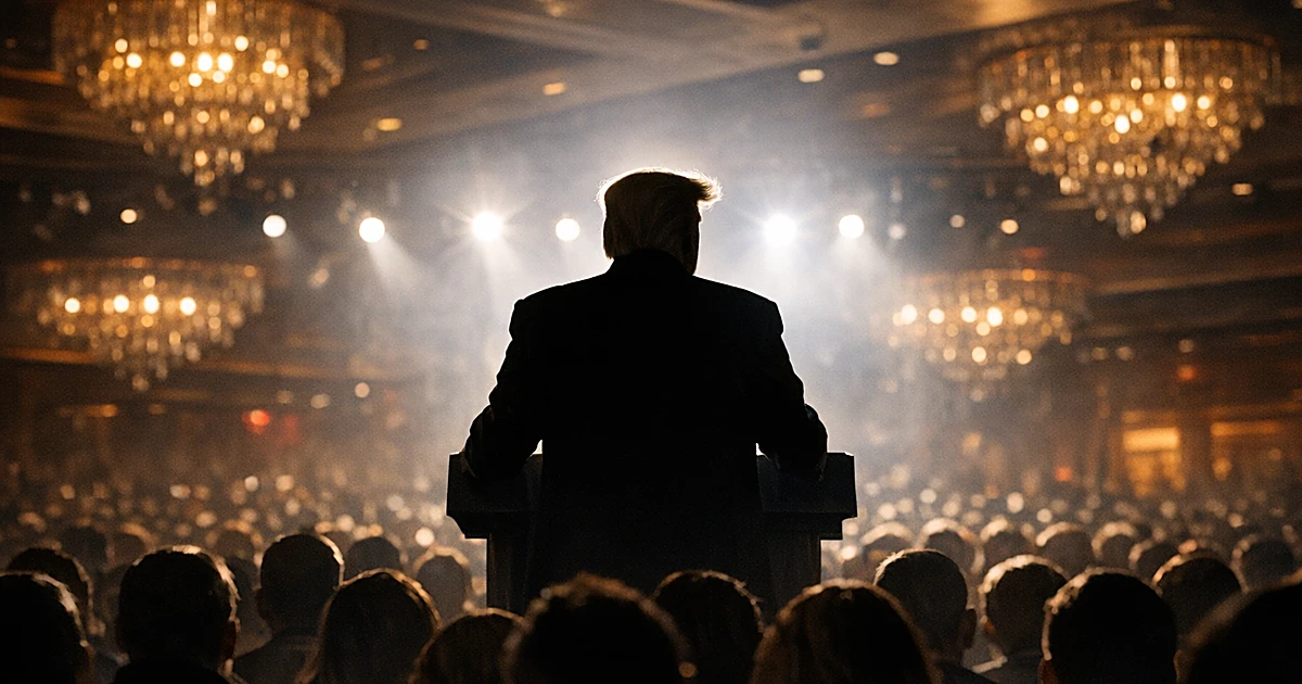 Silhouetted speaker with distinctive hair at podium on casino stage, audience shown from behind in foreground