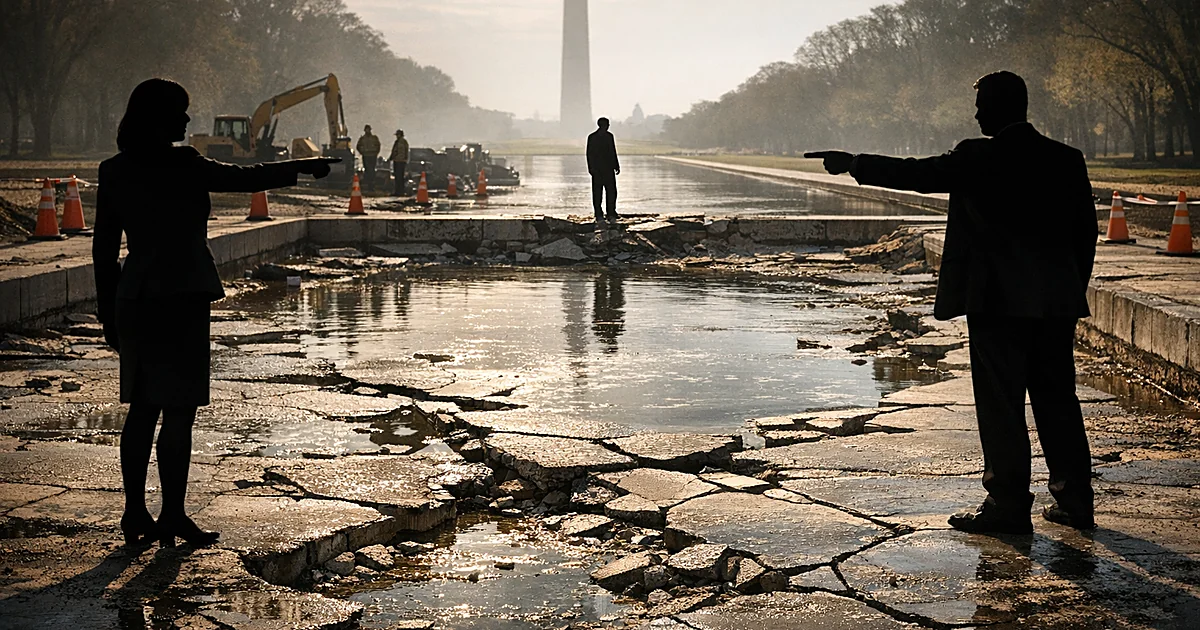 Damaged reflecting pool with silhouetted figures on opposite sides pointing in different directions amid construction debris