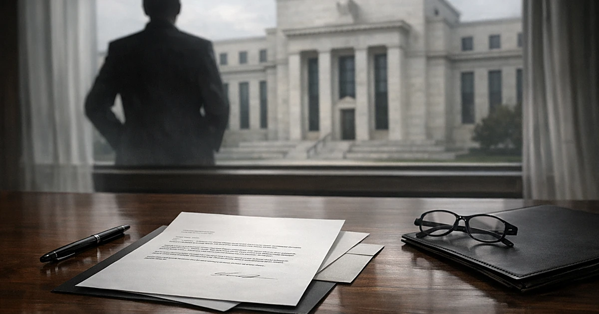 Letter on desk with Federal Reserve building visible through window, silhouetted figure viewing from behind